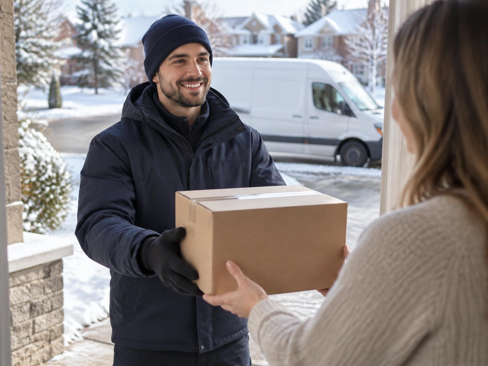 Courier handing a parcel to a customer at a Canadian doorstep