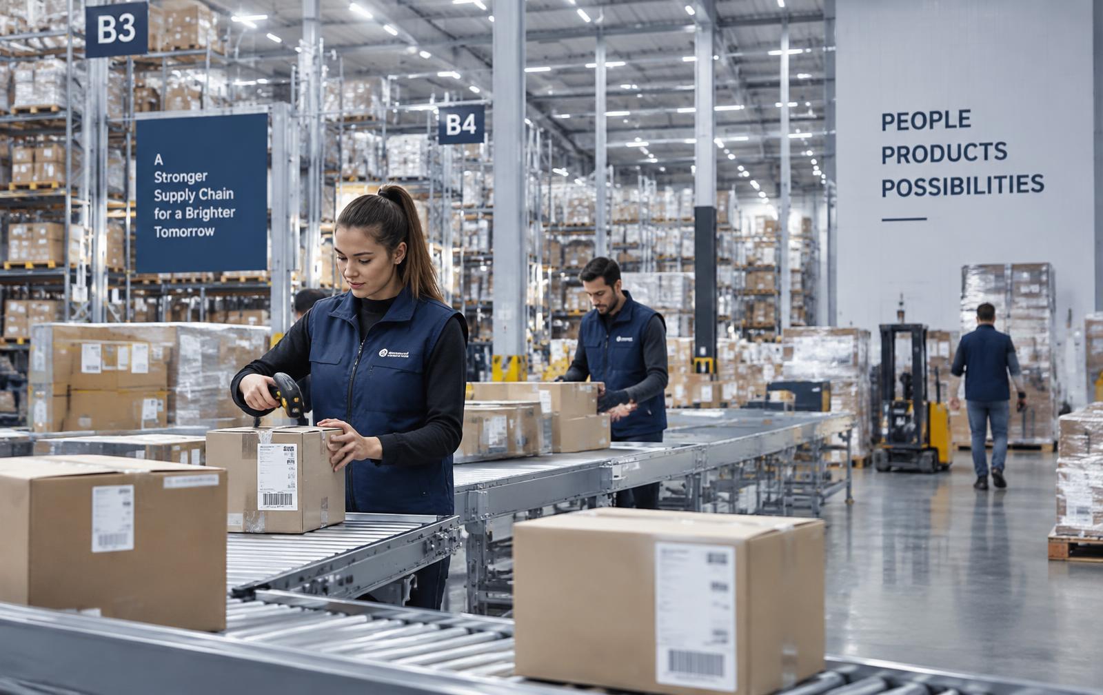 Team scanning parcels on a conveyor in a modern logistics warehouse